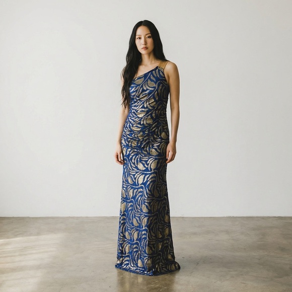 Aidan Mattox Dresses & Skirts - AIDON MATTOX One Shoulder Blue and Gold Dress​